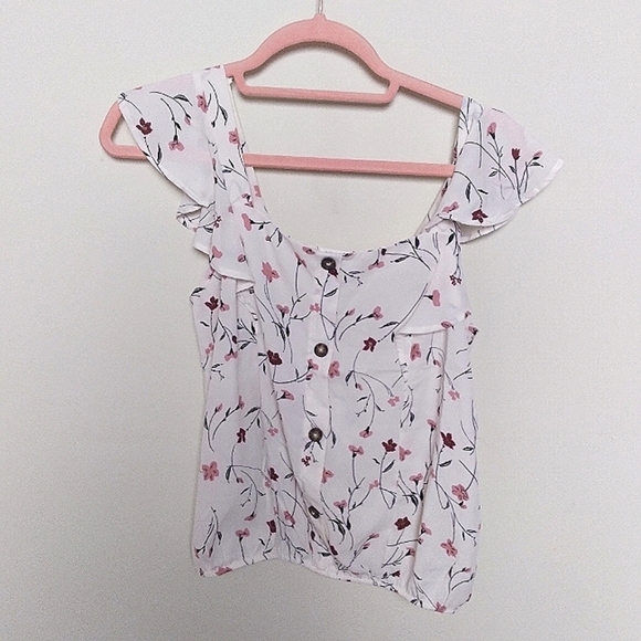 Sienna Sky Tops - Sienna Sky Pink and White Cottagecore Floral Ruffle Sleeve Blouse Size Small